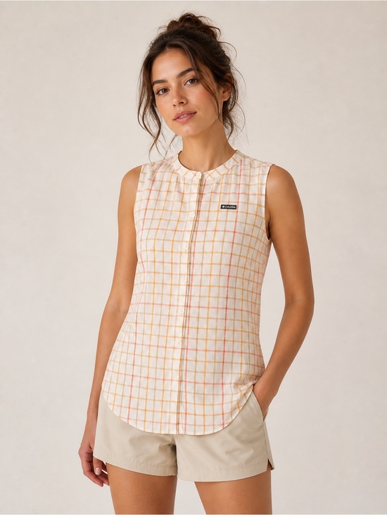 Columbia Tops - Columbia Omni-Shade Sleeveless Plaid Button Shirt White Yellow Red Tan Large
